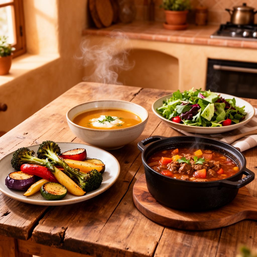 Easy home-cooked weeknight meals in pots and bowls on a rustic table