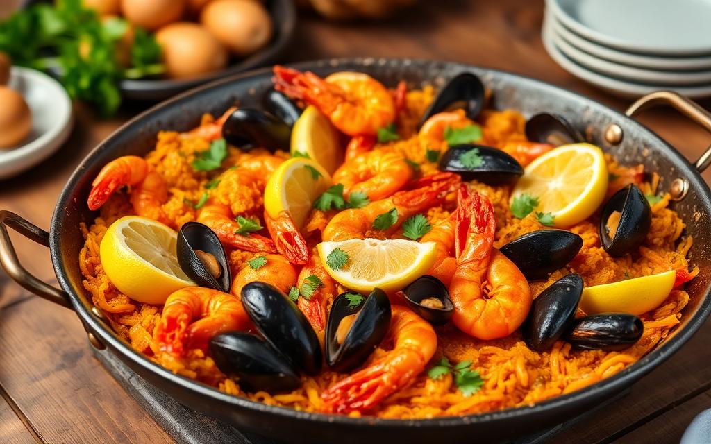 Golden Spanish seafood paella in a traditional pan